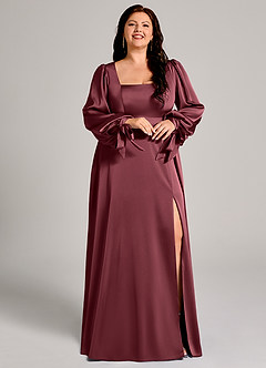 Azazie Leonia Bridesmaid Dresses Merlot A-Line Long Sleeve Stretch Satin Dress image12