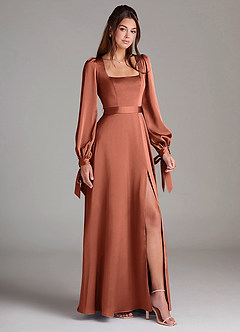 Azazie Leonia Bridesmaid Dresses Clay A-Line Long Sleeve Stretch Satin Dress image3