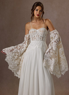 Azazie Rhya Vestidos de novia Vestido de Blanco Diamante Nude de Encaje de Corte en A con Vestidos sin tirantes image14