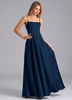 Azazie Elita Bridesmaid Dresses Dark Navy A-Line Pleated Stretch Satin Dress image3