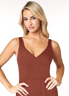 Azazie Jess Venta Final Vestido de Dusty Blue de Satén Elástico de Corte Recto con Cuello en V image6