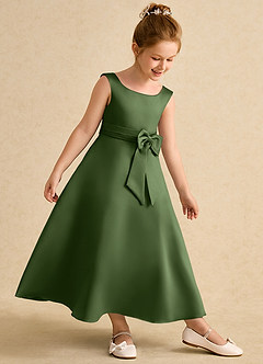 Azazie Eve Abiti da Ragazza di Fiori Abito A-Line in Raso Opaco Plissettato Oliva image3