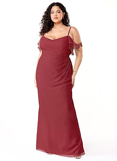 Azazie Emeralda Bridesmaid Dresses Pomegranate Sheath Off the Shoulder Chiffon Dress image7