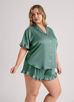 front Matching Color Ruffled Short Sleeve Pajama Set