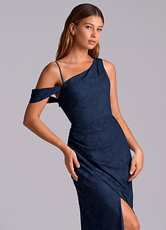 Azazie Madelyn At-home Try On Dresses Dark Navy Mermaid One Shoulder Floral Burnout Convertible Dress image2