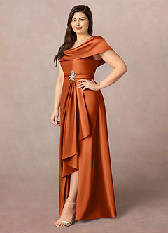 Azazie Branford Vestidos para mãe da noiva Vestido Laranja Queimada de Cetim elástico de Linha A com Plissado image11