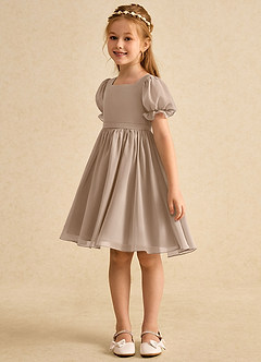 Azazie Jolie Flower Girl Dresses Taupe A-Line with Sleeves Chiffon Dress image5