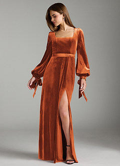 Azazie Leonia Bridesmaid Dresses Burnt Orange A-Line Long Sleeve Velvet Dress image3