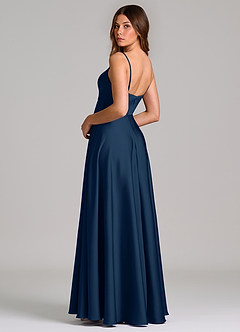 Azazie Amani Bridesmaid Dresses Dark Navy A-Line Pleated Stretch Satin Dress image2
