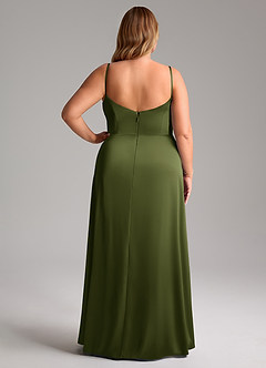 Azazie Azuree Bridesmaid Dresses Olive A-Line Pleated Stretch Satin Dress image2