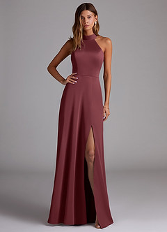 Azazie Myra Bridesmaid Dresses Merlot A-Line Side Slit Stretch Satin Dress image1
