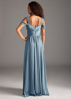 Azazie Lianne Robes de demoiselle d'honneur Robe Trapèze en Satin extensible Épaule décolletée Bleu Poussiéreux image5
