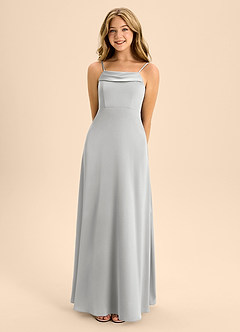 Azazie Anselie Junior Vestido de Plata de Satén Elástico de Corte En A con Vestidos sin tirantes image4