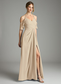 Azazie Dakota Vestidos de damas de honor Vestido de Champán de Gasa de Corte en A con Cuello en V plisado image5