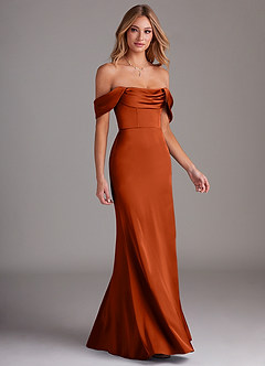 Azazie Saige Bridesmaid Dresses Paprika Sheath Off the Shoulder Stretch Satin Dress image6