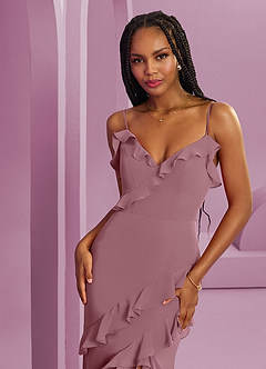 Barbie ♥ Azazie Robes de demoiselle d'honneur Robe Fourreau en Mousseline de soie Mauve Vintage image6