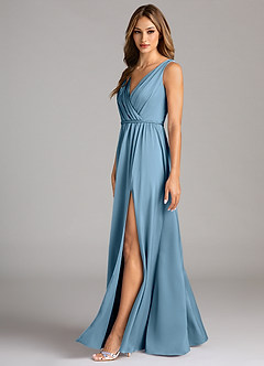 Azazie Tanicia Bridesmaid Dresses Steel Blue A-Line Pleated Stretch Satin Dress image5