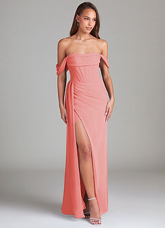 Azazie Amyra Bridesmaid Dresses Coral Sheath Off the Shoulder Chiffon Convertible Dress image3