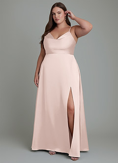 Azazie Sarella Robes de demoiselle d'honneur Robe Trapèze en Satin extensible Plissé Rose Pâle image3
