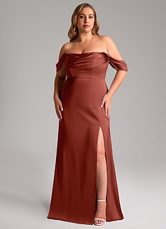 Azazie Saige Bridesmaid Dresses Terracotta Sheath Off the Shoulder Stretch Satin Dress image11