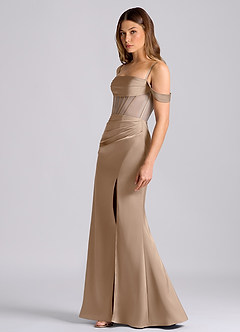 Azazie Alyce Jurken voor bruidsmeisjes Converteerbaar Jurk van Stretch Satijn met Zeemeermin Off the Shoulder Taupe image4