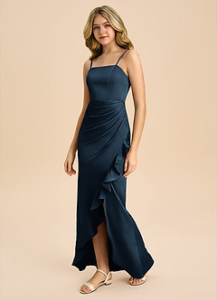 Azazie Buzzy Junior Dark Navy Sheath Pleated Stretch Satin Dress image7