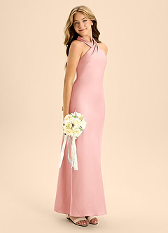 Azazie Doretta Junior Powder Pink A-Line Pleated Stretch Satin Dress image7