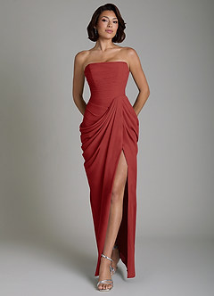 Azazie Nyra Robes de demoiselle d'honneur Robe Fourreau en Mousseline de soie Corset Rouille image1