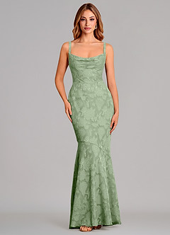 Azazie Aubrey 신부 들러리 드레스 인어 절하다 플로럴 번아웃 바닥 길이 드레스 image1