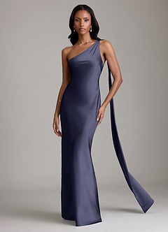Azazie Juniper Robes de demoiselle d'honneur Robe Sirène en Satin extensible Asymétrique Bleu Orageux image4