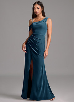 Azazie Madelyn Abiti da Damigella Abito Tubino in Velluto Monospalla Topazio Blu image4