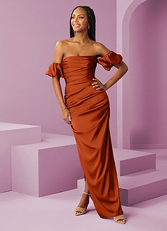 Barbie ♥ Azazie Bridesmaid Dresses Paprika Sheath Off the Shoulder Stretch Satin Convertible Dress image3