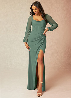 Azazie Charissa Final Sale Eucalyptus Sheath Corset Pleated Mesh Dress image1