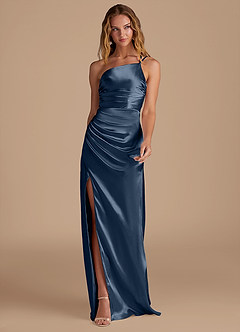 Azazie Eren Bridesmaid Dresses Dark Navy Sheath One Shoulder Metallic Satin Dress image3