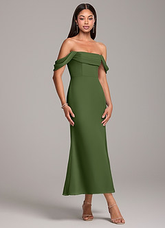 Azazie Saige Jurken voor bruidsmeisjes Converteerbaar Jurk van Chiffon met Kolom Off the Shoulder Olijf image4