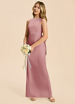 Azazie Emi Junior Dusty Rose Sheath Bow Stretch Satin Dress image2
