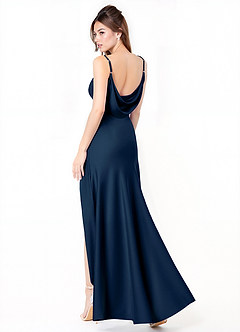 Azazie Alaija Bridesmaid Dresses Dark Navy Mermaid Side Slit Stretch Satin Dress image1