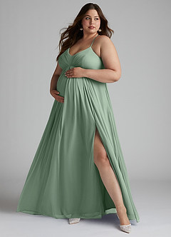 Azazie Annabelle At-home Try On Dresses A-Line V-Neck Pleated Mesh Floor-Length Dress image7