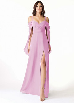 Azazie Cienna Bridesmaid Dresses Candy Pink A-Line Off the Shoulder Chiffon Dress image1