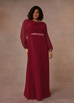 Azazie Priyanka At-home Try On Dresses Mulberry A-Line Boatneck Pleated Chiffon Dress image5