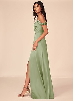 Azazie Ocean Bridesmaid Dresses Dusty Sage A-Line V-Neck Pleated Stretch Satin Dress image3