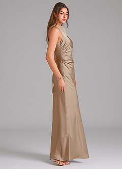 Azazie Evadne Bridesmaid Dresses Taupe A-Line Pleated Stretch Satin Dress image4