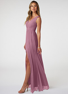 Azazie Tanicia Bridesmaid Dresses Vintage Mauve A-Line V-Neck Pleated Mesh Dress image3