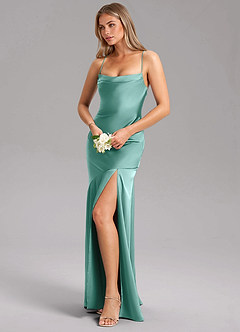 Azazie Grata Bridesmaid Dresses Aqua Sheath Side Slit Stretch Satin Dress image4