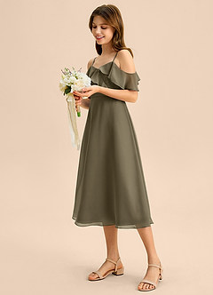 Azazie Kamilla Junior Vestido Salgueiro Verde de Chiffon de Linha A com Fora do ombro image3