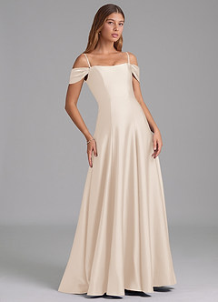 Azazie Seriana 신부 들러리 드레스 A라인 오프 더 숄더 스트레치 새틴 바닥 길이 드레스 image6