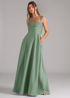 Azazie Shaude Robes de demoiselle d'honneur Robe Trapèze en Satin extensible Plissée Matcha image4
