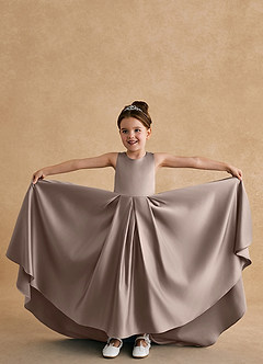 Azazie Sammy vestidos de niña de las flores Vestido de Gris Pardo de Satin Mate de Corte En A con Encaje image3