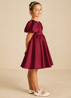 Azazie Muffin Flower Girl Dresses Burgundy A-Line with Sleeves Matte Satin Dress image3