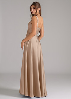 Azazie Shaude Bridesmaid Dresses Taupe A-Line Pleated Stretch Satin Dress image7